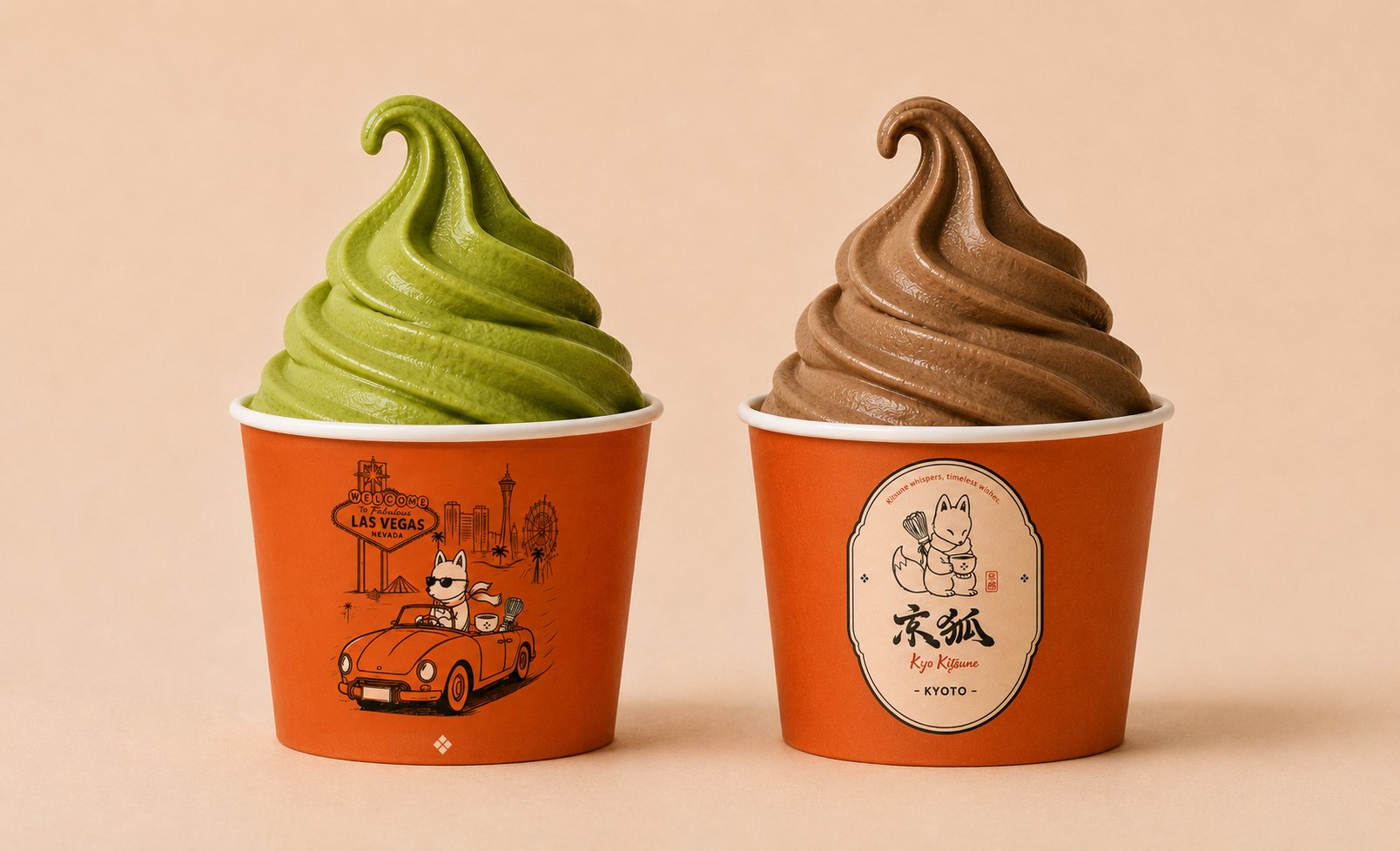Kyo Kitsune matcha and hojicha soft cream cups
